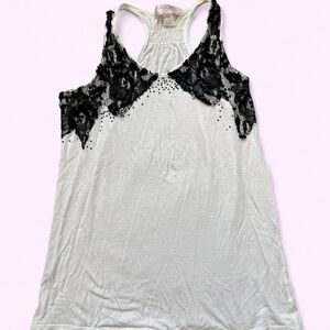 Pink Rose White Tank Top with Black Lace